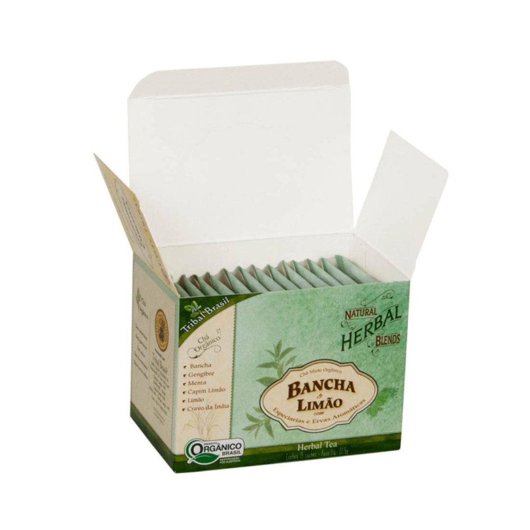 chá orgânico bancha e limão caixa aberta