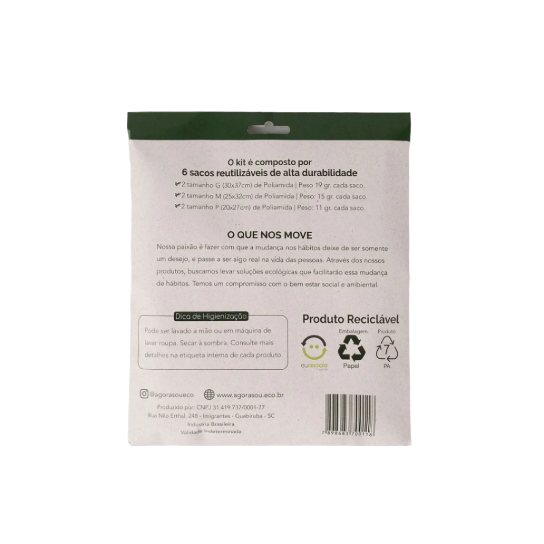 Kit Hortifruti com 6 Sacos Lixo ZeroAgora Sou Eco