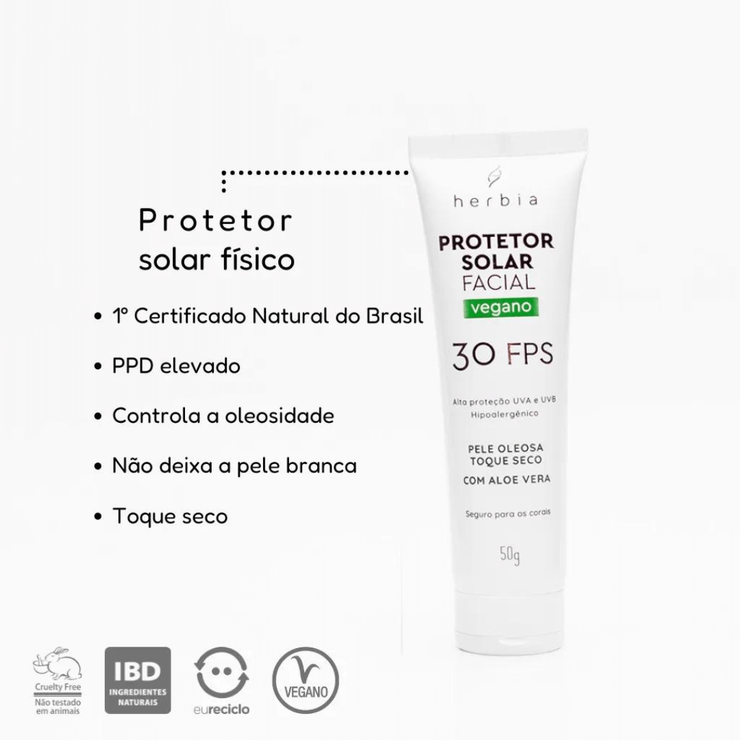 Protetor Solar Facial Natural e Vegano para Pele Oleosa FPS 30 50g
