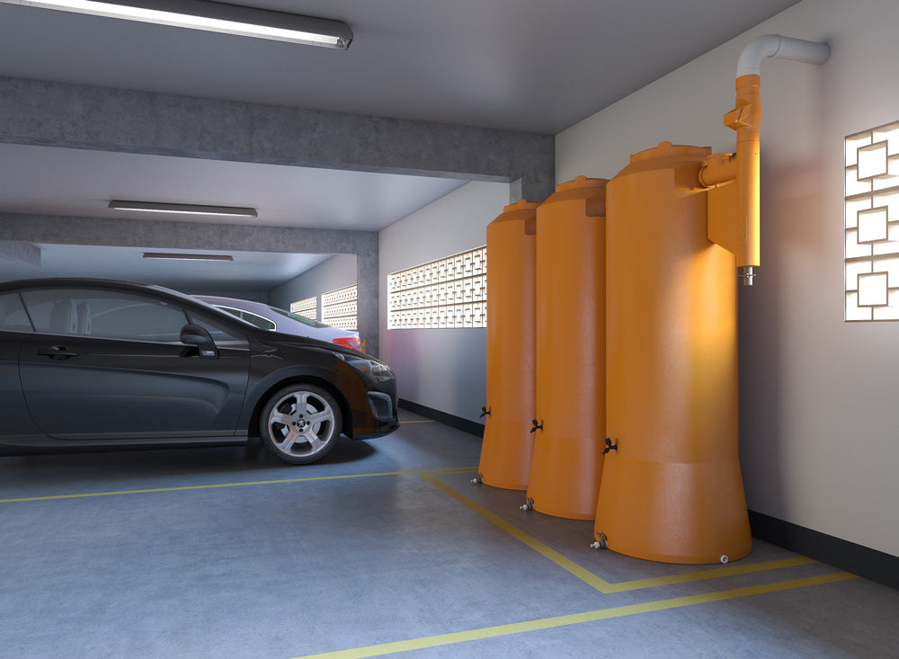 Modelo de como cisternas de 750 litros ficariam em um estacionamento